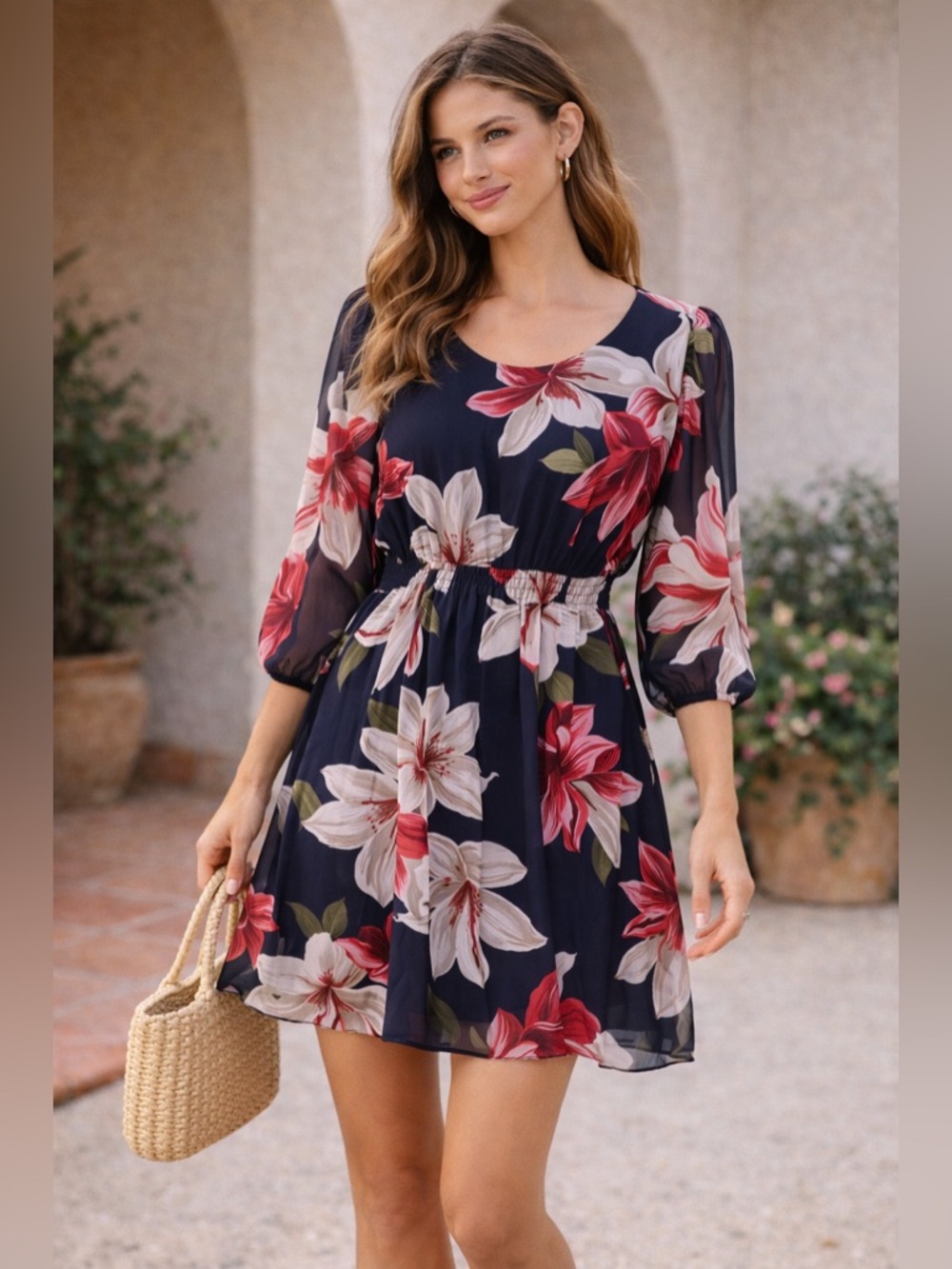 En Focus Studio Navy Floral Smocked Dress Size 4 Romantic Sheer Sleeve